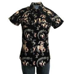 Women’s Vintage Bronc Print Short Sleeve Black Western Shirt - Flyclothing LLC