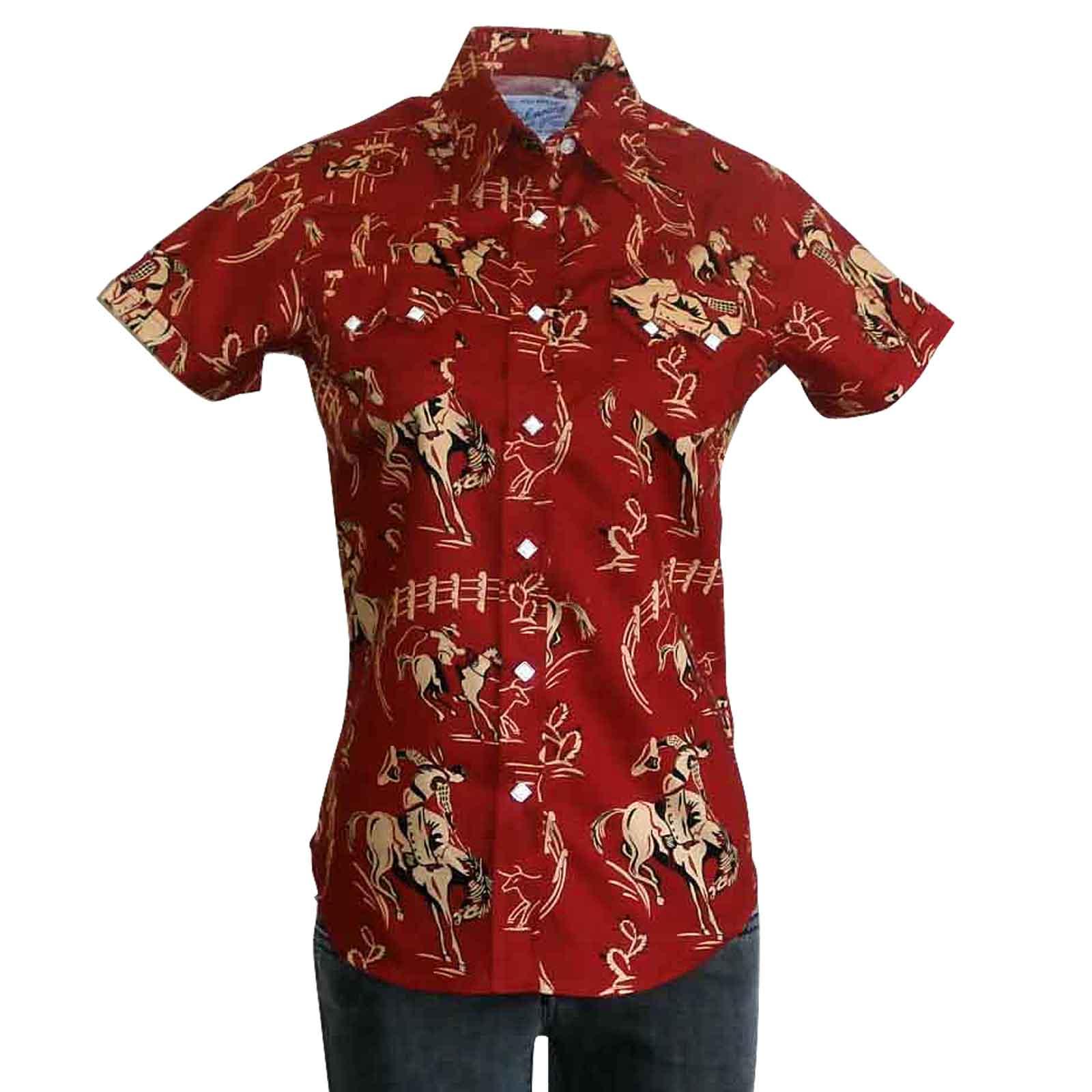 Women’s Vintage Bronc Print Short Sleeve Red Western Shirt - Flyclothing LLC