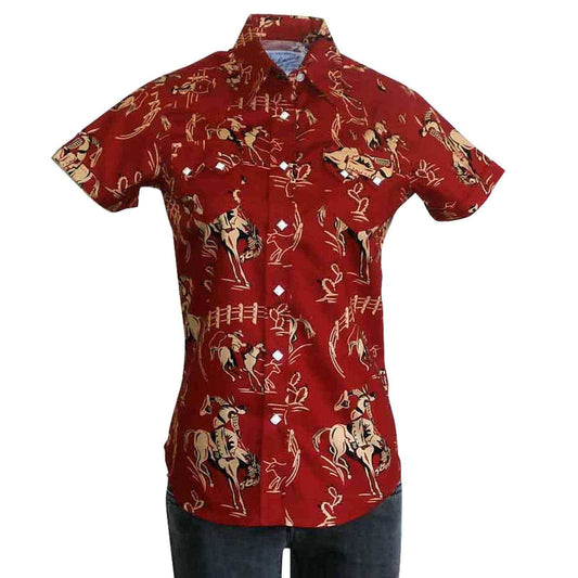 Women’s Vintage Bronc Print Short Sleeve Red Western Shirt - Rockmount Clothing - Flyclothing LLC