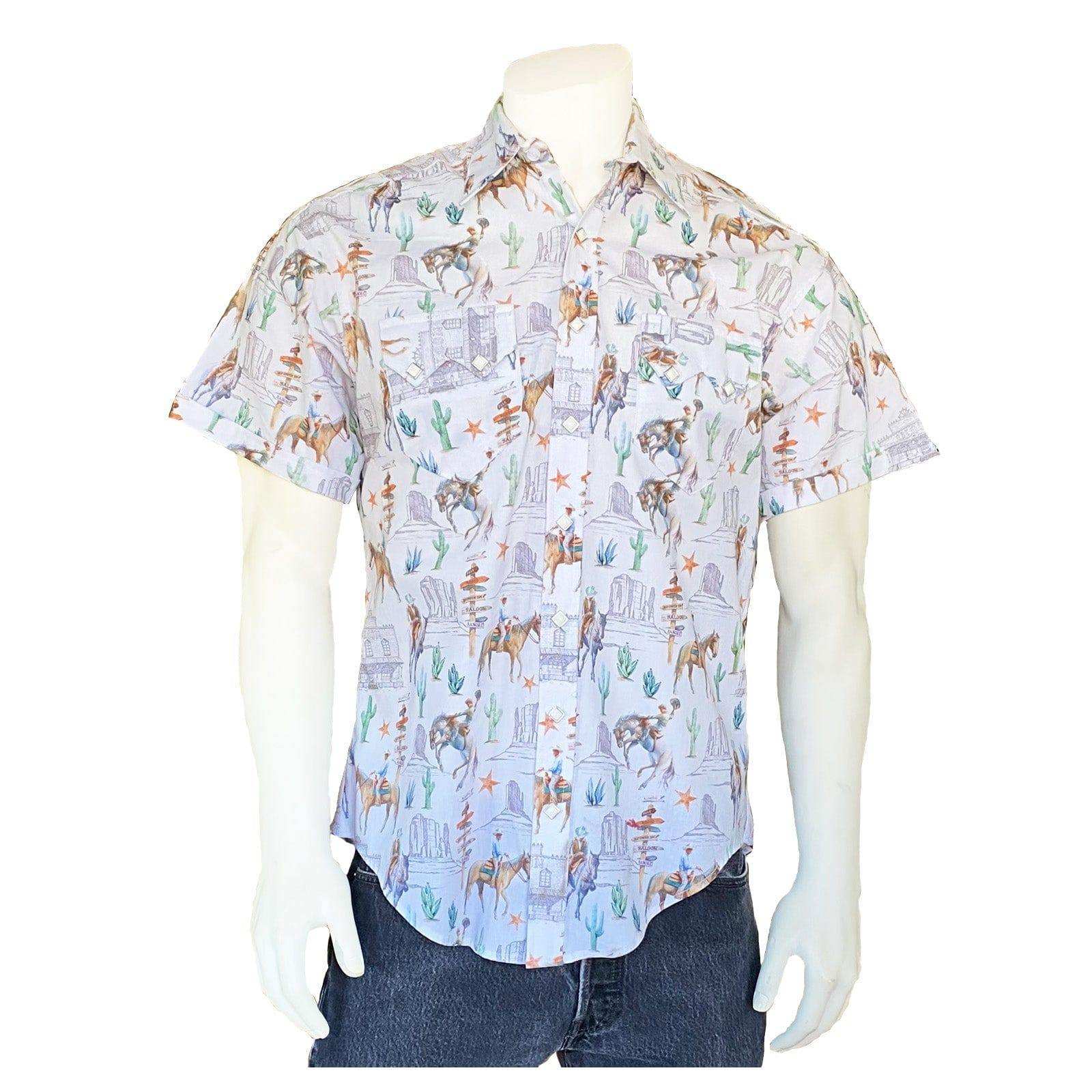 Rockmount Clothing Mens White Cactus & Cowboys Print Short Sleeve Western Shirt - Rockmount Clothing - Flyclothing LLC