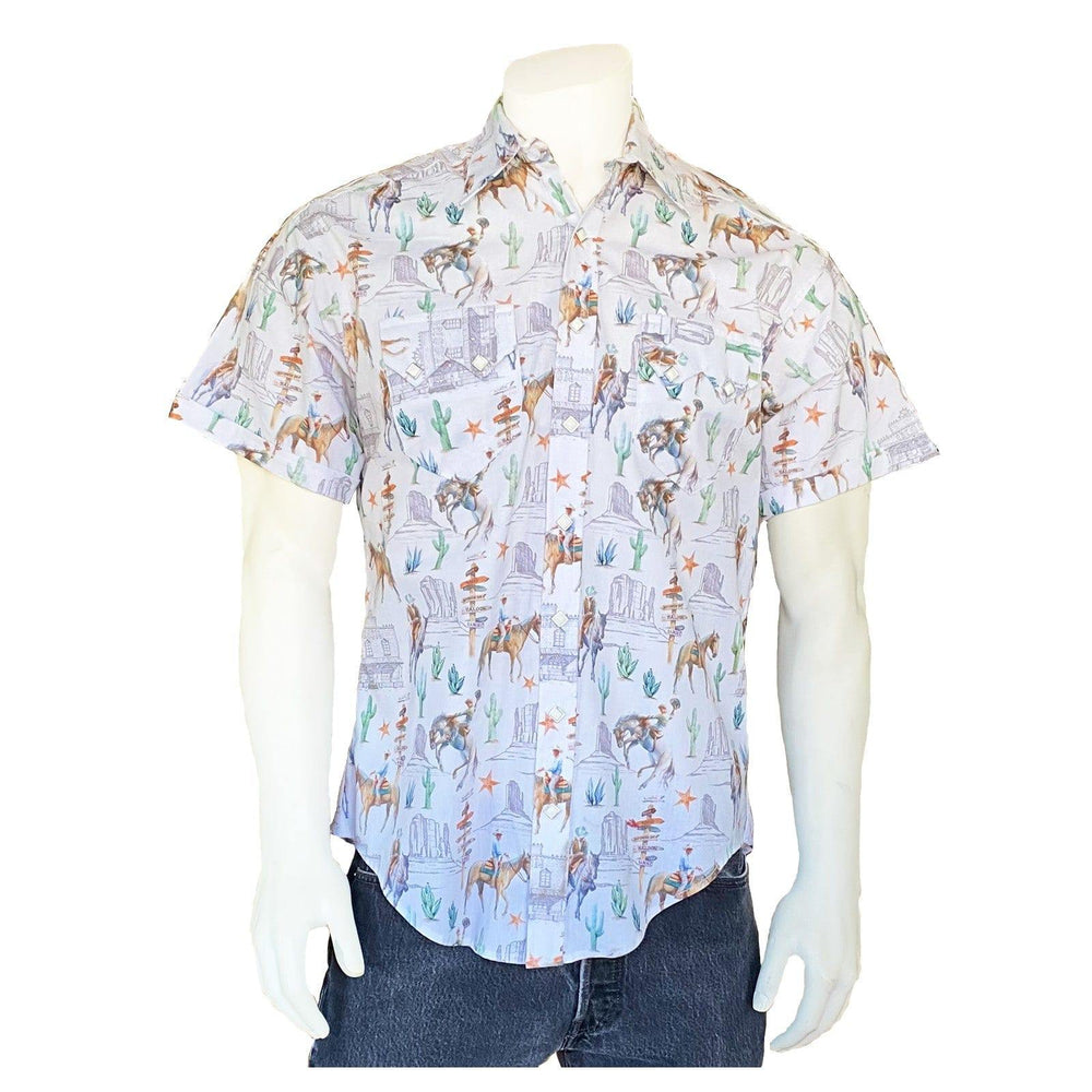 Rockmount Clothing Mens White Cactus & Cowboys Print Short Sleeve Western Shirt - Rockmount Clothing