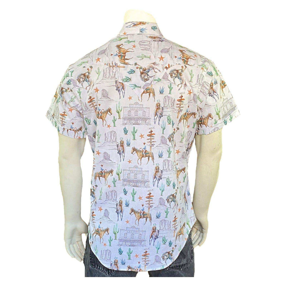 Rockmount Clothing Mens White Cactus & Cowboys Print Short Sleeve Western Shirt - Rockmount Clothing - Flyclothing LLC
