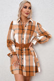 Plaid Collared Neck Flounce Sleeve Shirt Dress - Trendsi