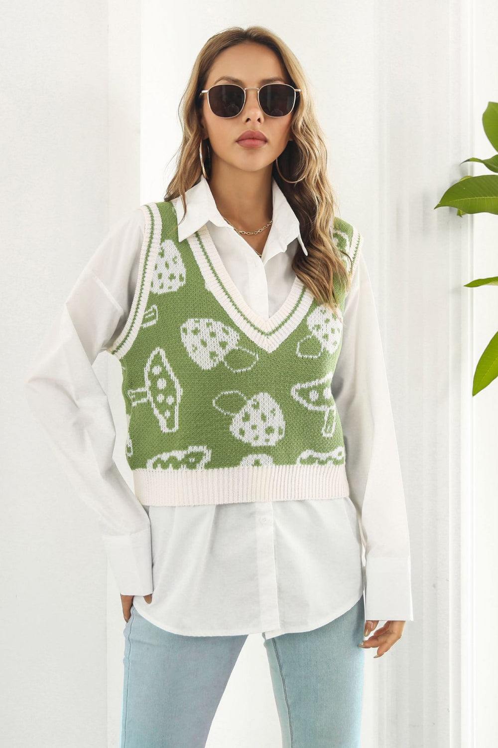 Printed Plunge Neck Sweater Vest - Trendsi