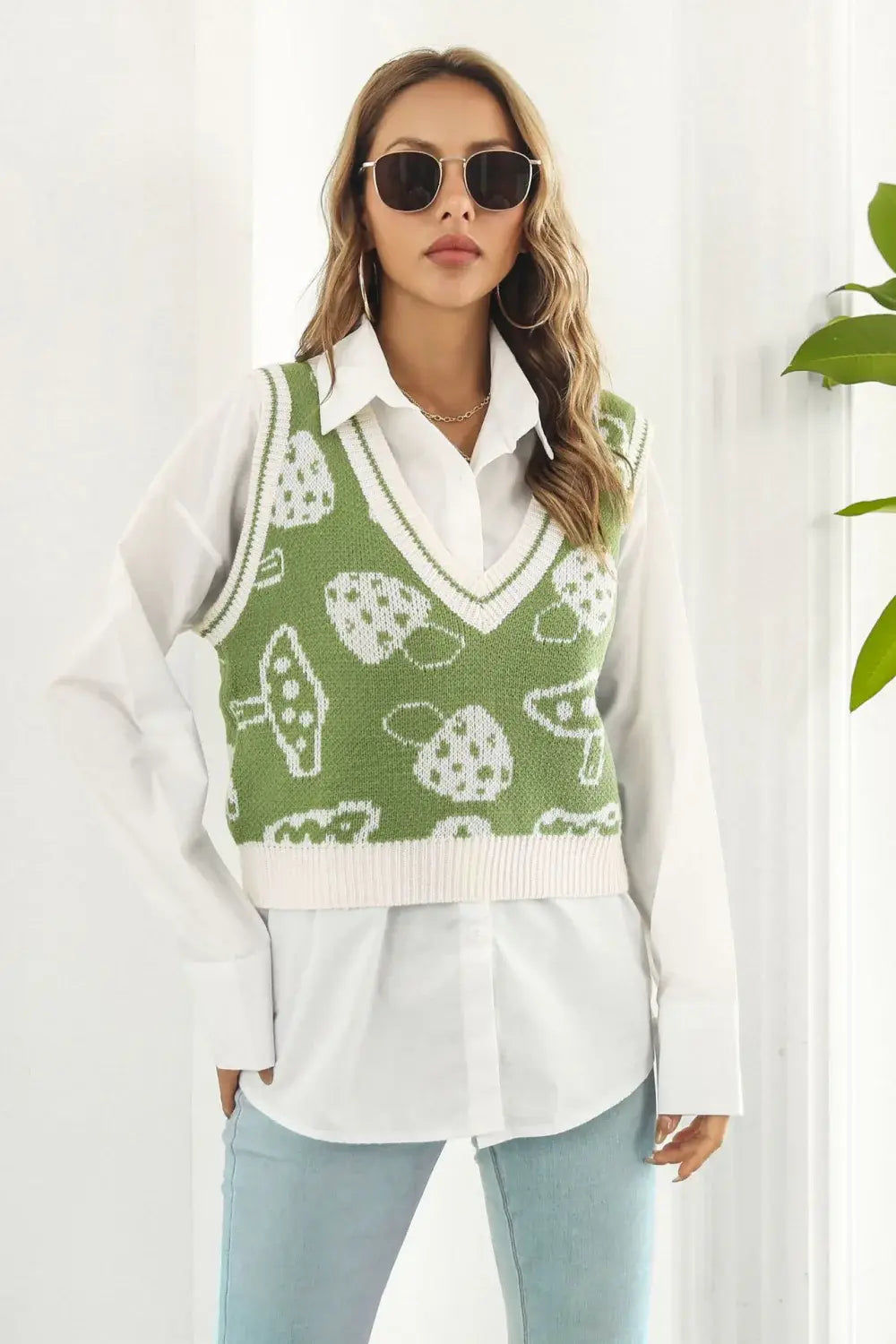 Printed Plunge Neck Sweater Vest - Trendsi - Flyclothing LLC