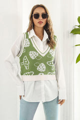 Printed Plunge Neck Sweater Vest - Trendsi