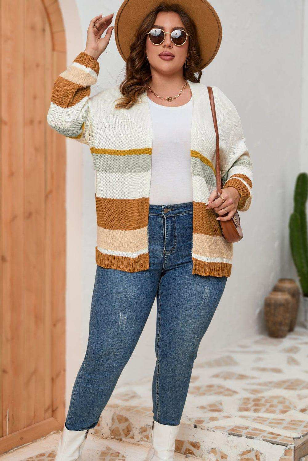 Plus Size Color Block Long Sleeve Cardigan - Trendsi - Flyclothing LLC