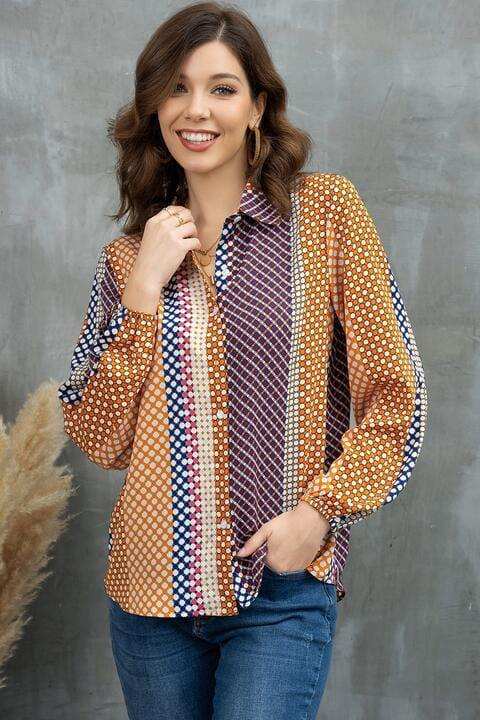 Printed Collared Neck Long Sleeve Shirt - Trendsi - Flyclothing LLC