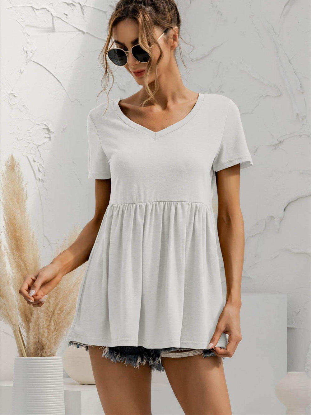V-Neck Short Sleeve Babydoll Top - Trendsi - Flyclothing LLC