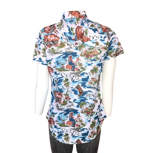 Rockmount Clothing Womens Blue Western Hawaiian Print Short Sleeve Shirt - Rockmount Clothing