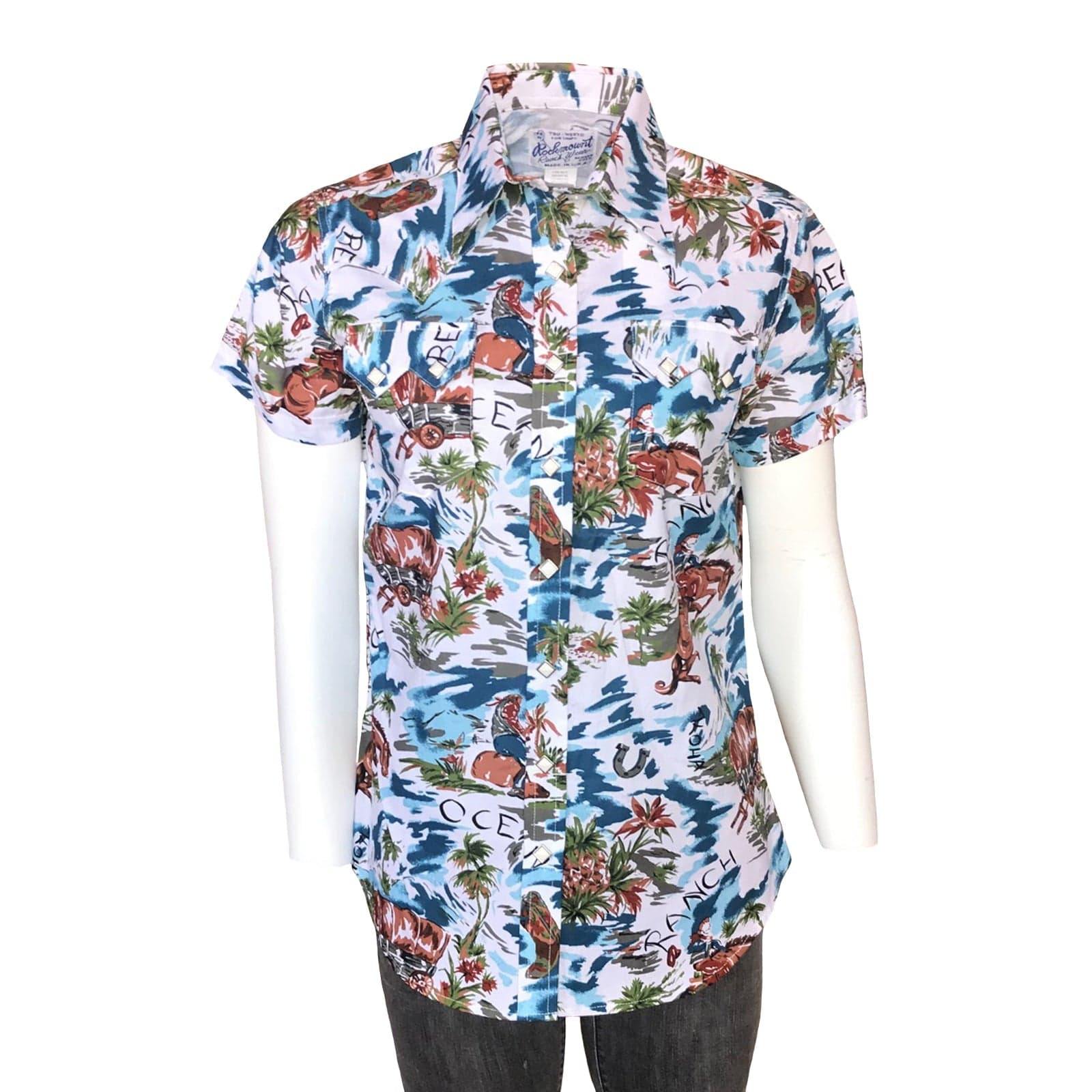 Rockmount Clothing Womens Blue Western Hawaiian Print Short Sleeve Shirt - Rockmount Clothing