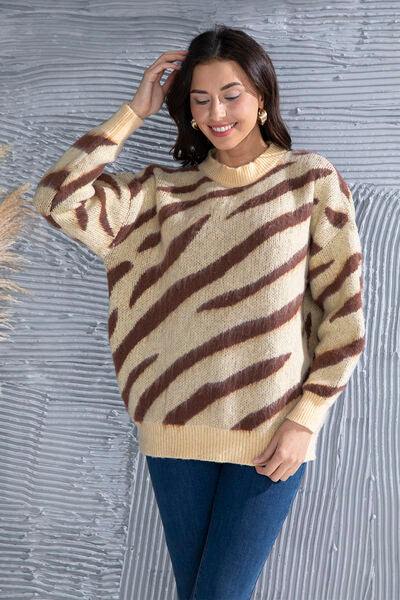 Animal Element Round Neck Dropped Shoulder Sweater - Trendsi
