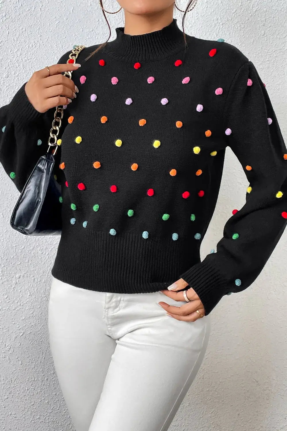 Pom-Pom Trim Mock Neck Long Sleeve Pullover Sweater - Trendsi - Flyclothing LLC