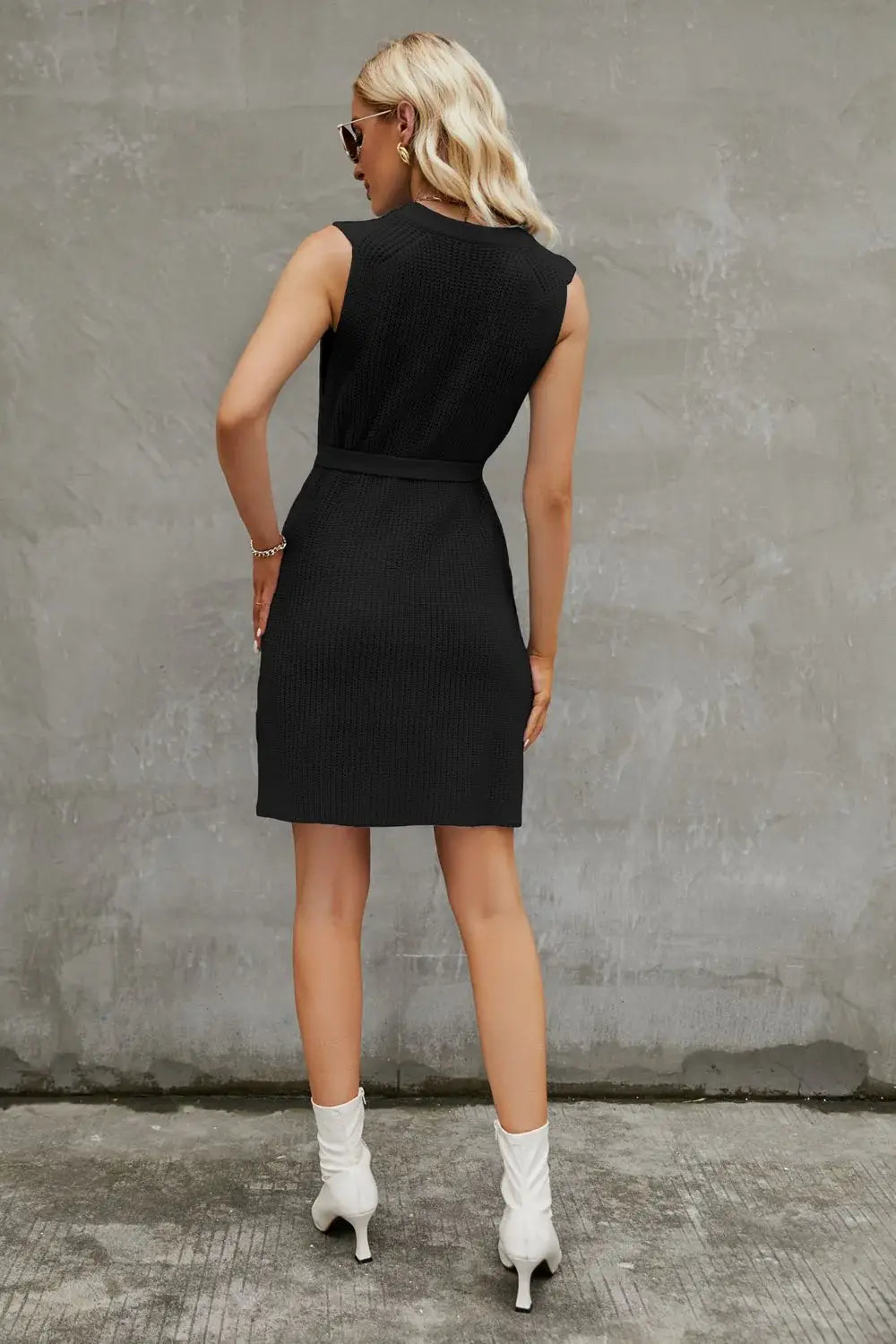 Round Neck Slit Sleeveless Sweater Dress - Trendsi - Flyclothing LLC