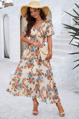 Smocked Floral V-Neck Short Sleeve Dress - Trendsi - Flyclothing LLC