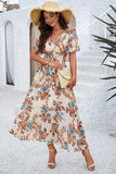 Smocked Floral V-Neck Short Sleeve Dress - Trendsi - Flyclothing LLC