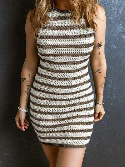 Striped Round Neck Sleeveless Mini Dress - Trendsi - Flyclothing LLC