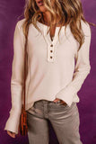 Buttoned Notched Neck Long Sleeve Top - Trendsi - Flyclothing LLC