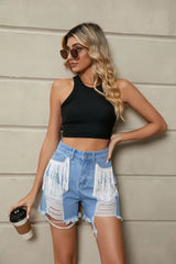 Fringe Trim Distressed Denim Shorts with Pockets - Trendsi - Flyclothing LLC