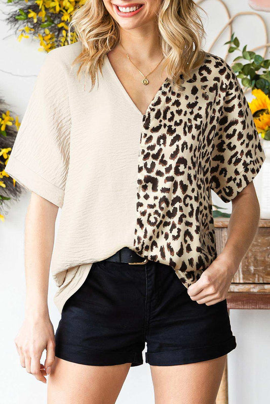 Leopard Color Block V-Neck Blouse - Trendsi - Flyclothing LLC
