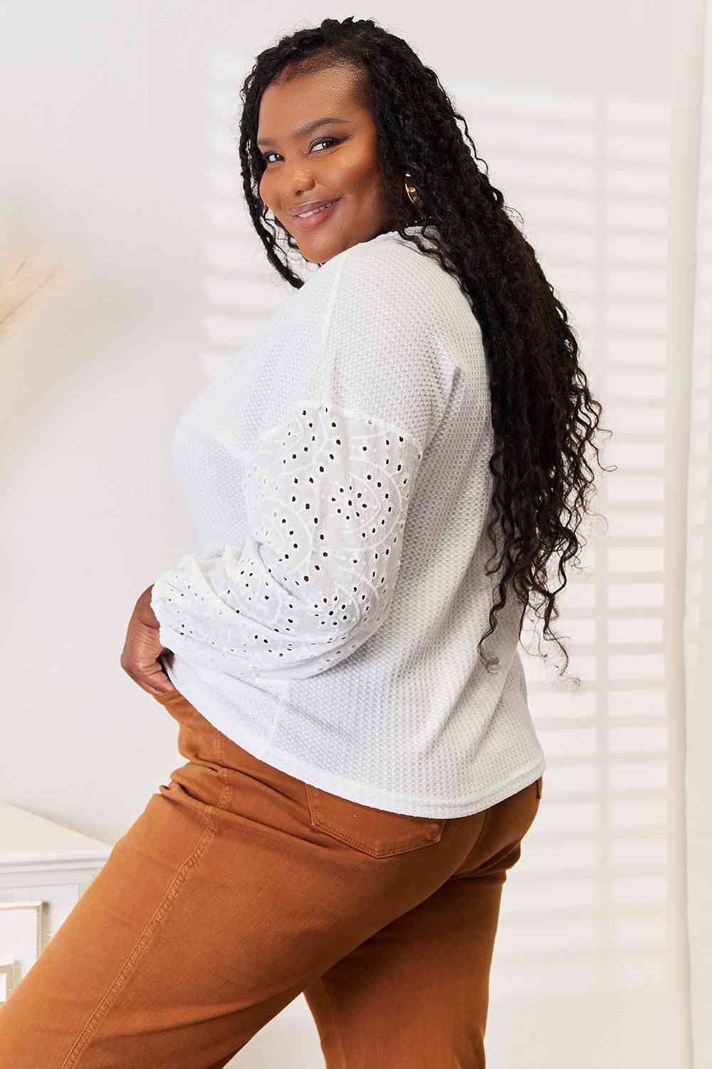 Double Take Eyelet Dropped Shoulder Round Neck Blouse - Trendsi - Flyclothing LLC