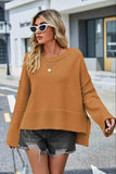 Round Neck Dropped Shoulder Slit Sweater - Trendsi - Flyclothing LLC