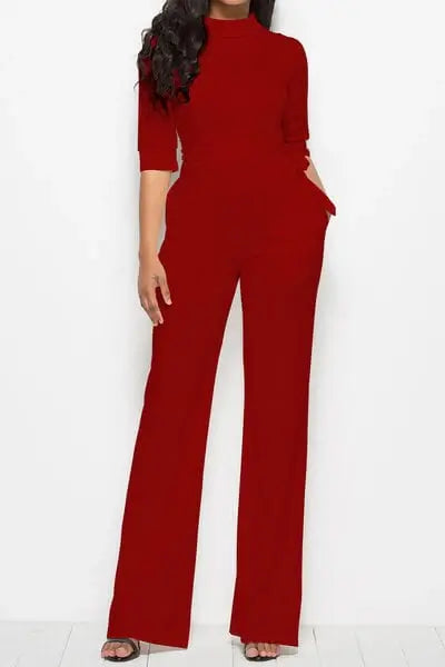 Mock Neck Tie-Waist Half Sleeve Jumpsuit - Trendsi - Flyclothing LLC