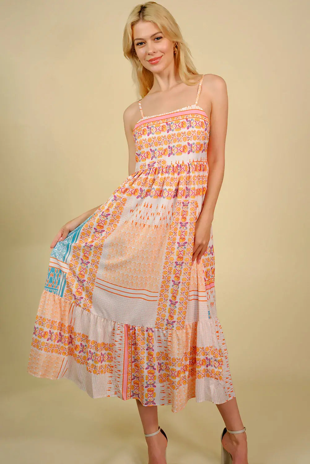 Printed Spaghetti Strap Smocked Midi Dress - Trendsi - Flyclothing LLC