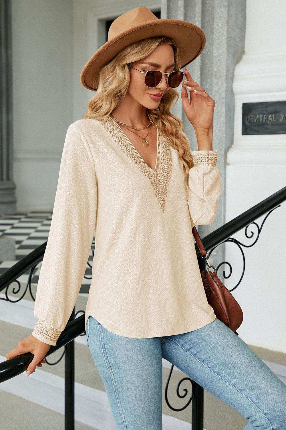 V-Neck Long Sleeve Blouse - Trendsi - Flyclothing LLC