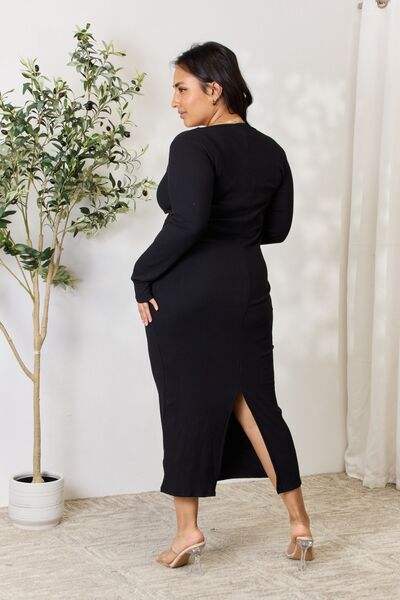 Culture Code Full Size Ribbed Long Sleeve Midi Slit Dress - Trendsi - Flyclothing LLC