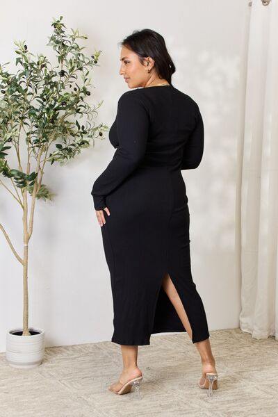 Culture Code Full Size Ribbed Long Sleeve Midi Slit Dress - Trendsi