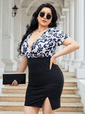 Plus Size Slit Printed Surplice Wrap Dress - Trendsi - Flyclothing LLC