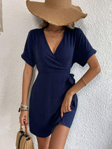 Tied Cuffed Sleeve Surplice Dress - Trendsi - Flyclothing LLC
