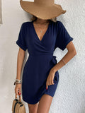 Tied Cuffed Sleeve Surplice Dress - Flyclothing LLC