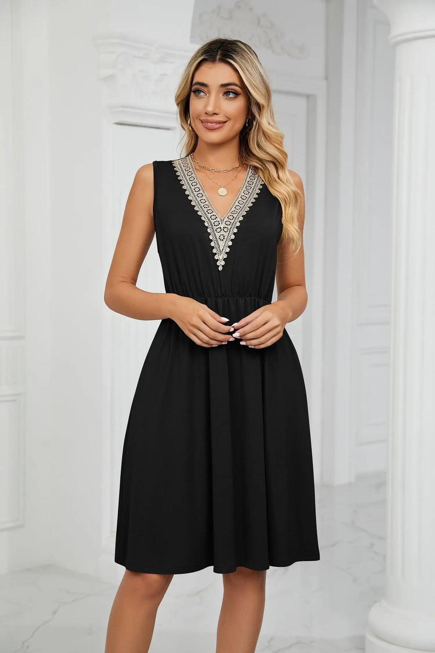 Contrast V-Neck Sleeveless Dress - Trendsi - Flyclothing LLC