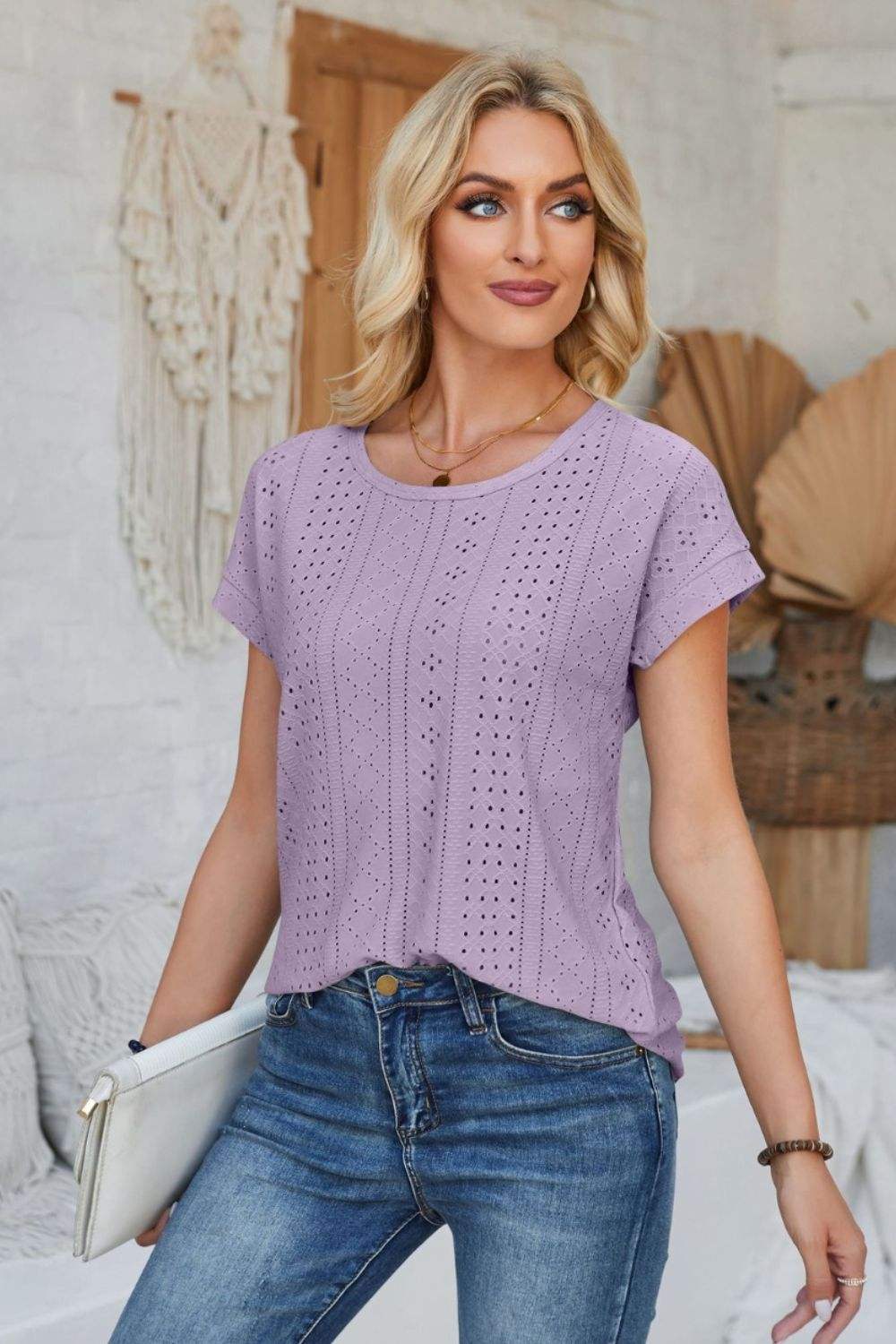 Eyelet Round Neck Rolled Short Sleeve T-Shirt - Trendsi - Flyclothing LLC