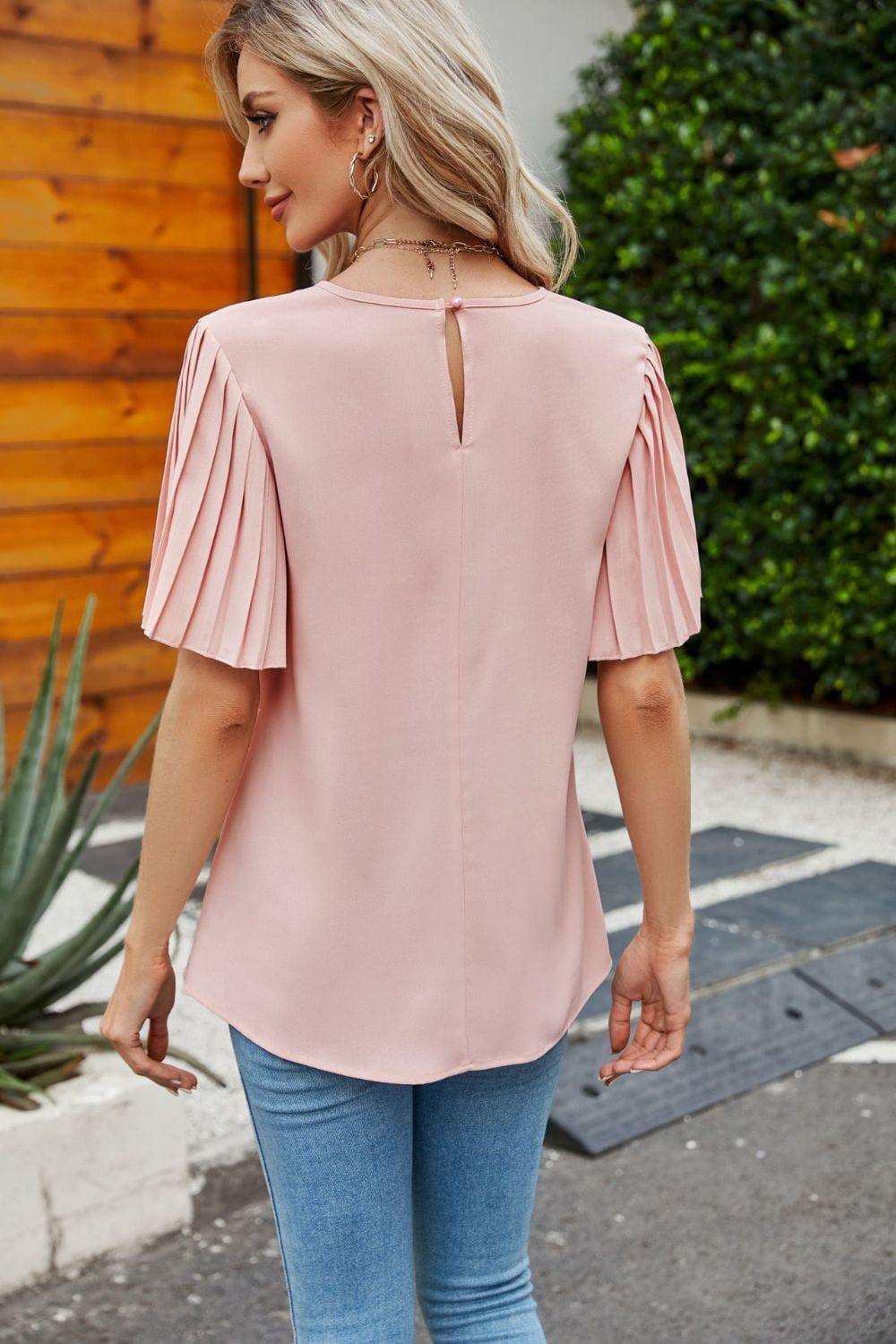 Pleated Flutter Sleeve Round Neck Blouse - Trendsi - Flyclothing LLC
