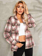 Plaid Button Down Collared Jacket - Trendsi