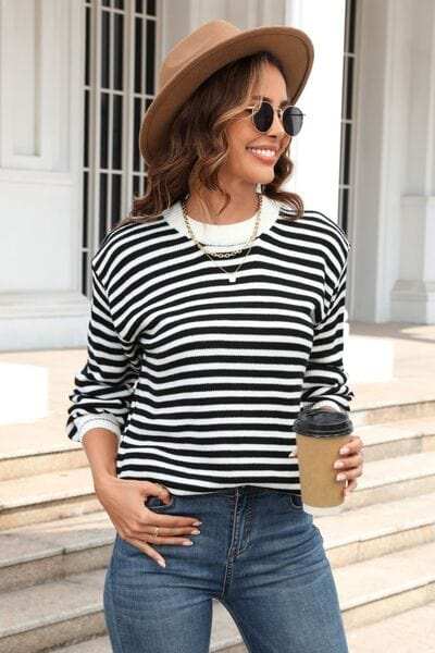 Striped Round Neck Dropped Shoulder Sweater - Trendsi - Flyclothing LLC