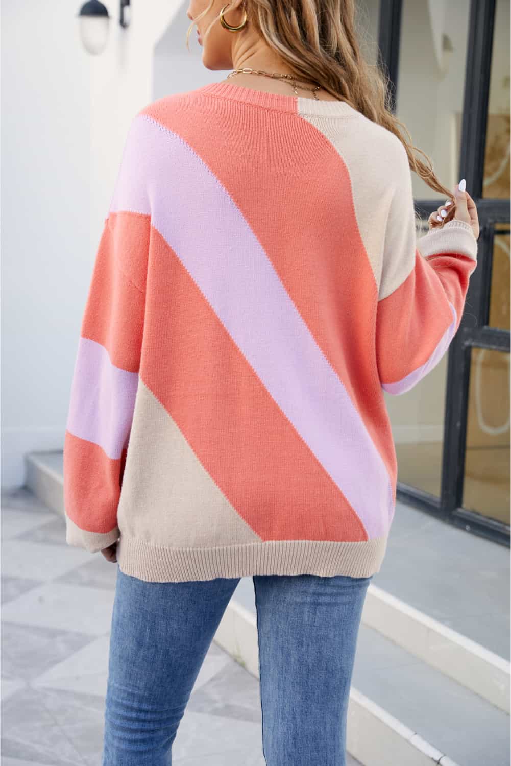 Color Block Ribbed Round Neck Sweater - Trendsi - Flyclothing LLC