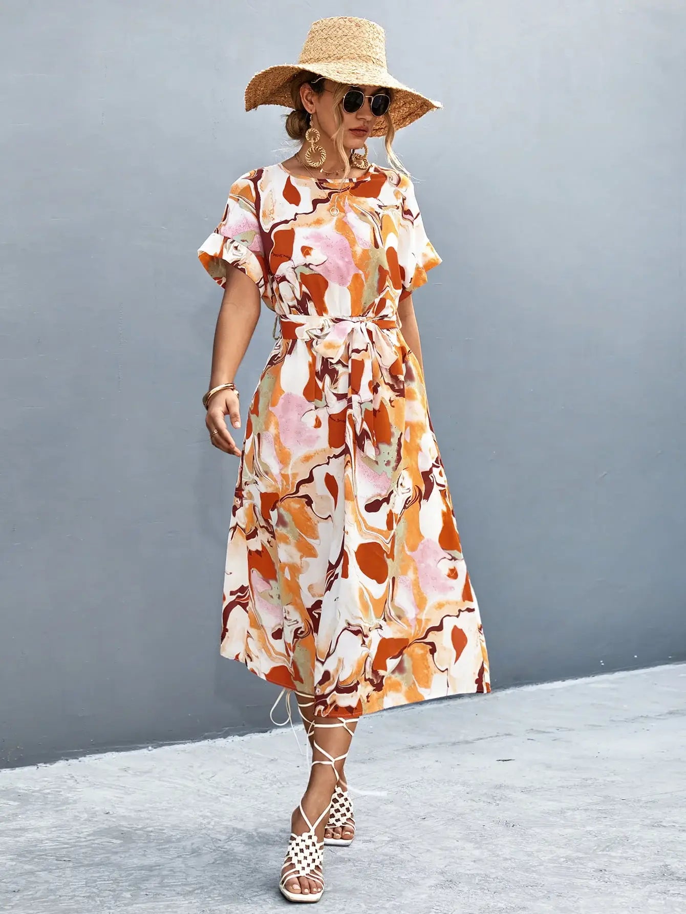 Round Neck Short Sleeve Tie Waist Midi Dress - Trendsi - Flyclothing LLC