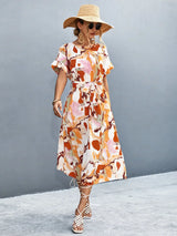 Round Neck Short Sleeve Tie Waist Midi Dress - Trendsi - Flyclothing LLC