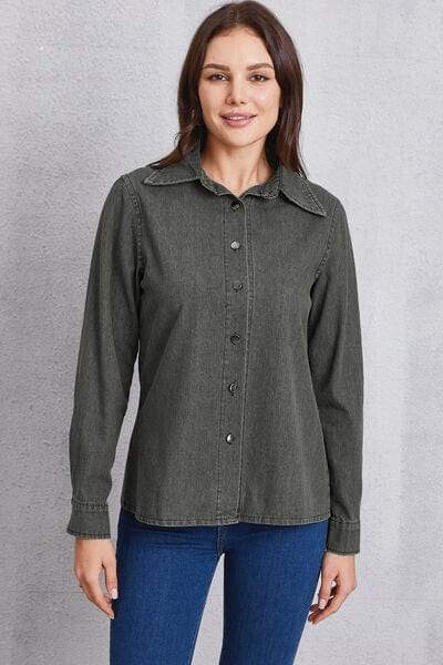 Collared Neck Button Up Denim Top - Trendsi - Flyclothing LLC