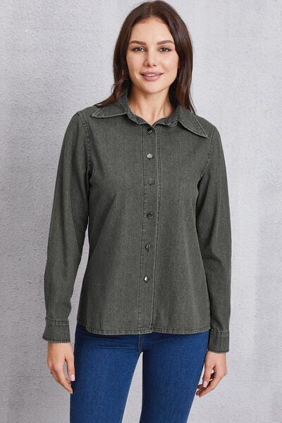 Collared Neck Button Up Denim Top - Trendsi