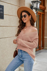 Raglan Sleeve Ribbed Trim Plunge Knit Top - Trendsi - Flyclothing LLC