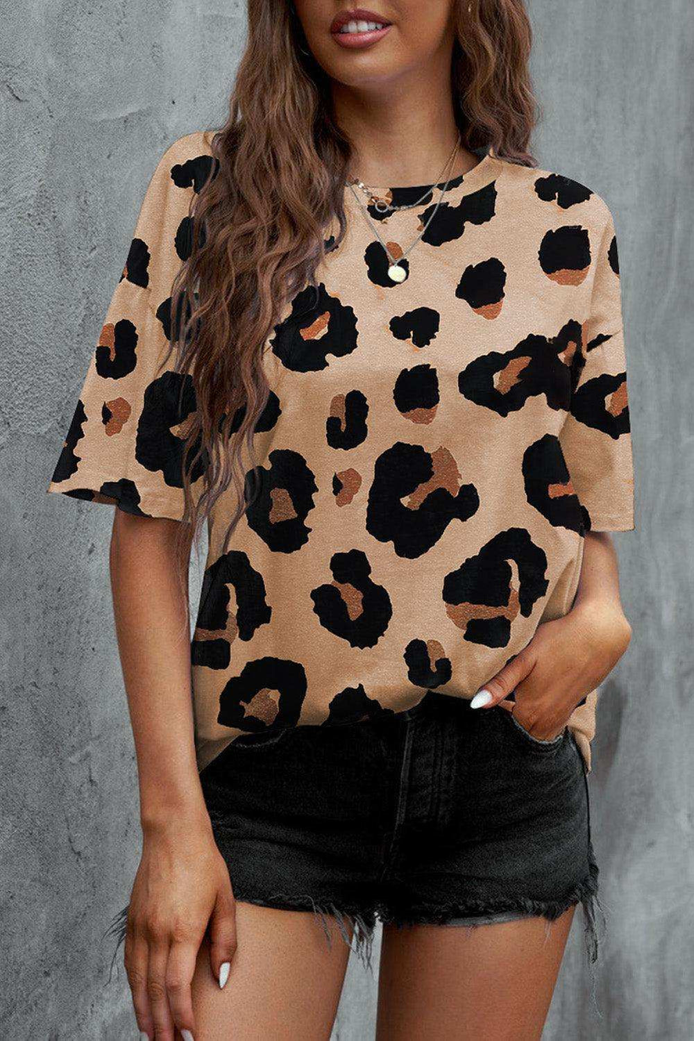 Animal Print Dropped Shoulder Round Neck T-Shirt - Trendsi - Flyclothing LLC