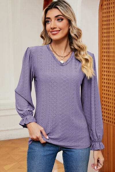 Eyelet V-Neck Flounce Sleeve T-Shirt - Trendsi - Flyclothing LLC