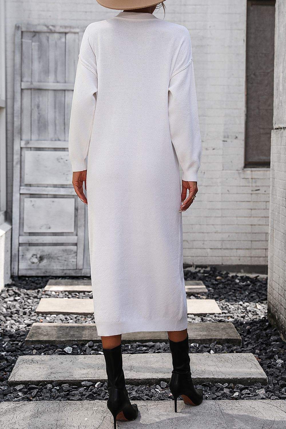 Notched Neck Dropped Shoulder Button-Down Midi Dress - Trendsi - Flyclothing LLC