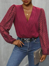Ruched Surplice Long Sleeve Bodysuit - Trendsi - Flyclothing LLC