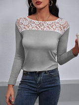 Lace Trim Long Sleeve Round Neck Tee - Trendsi - Flyclothing LLC